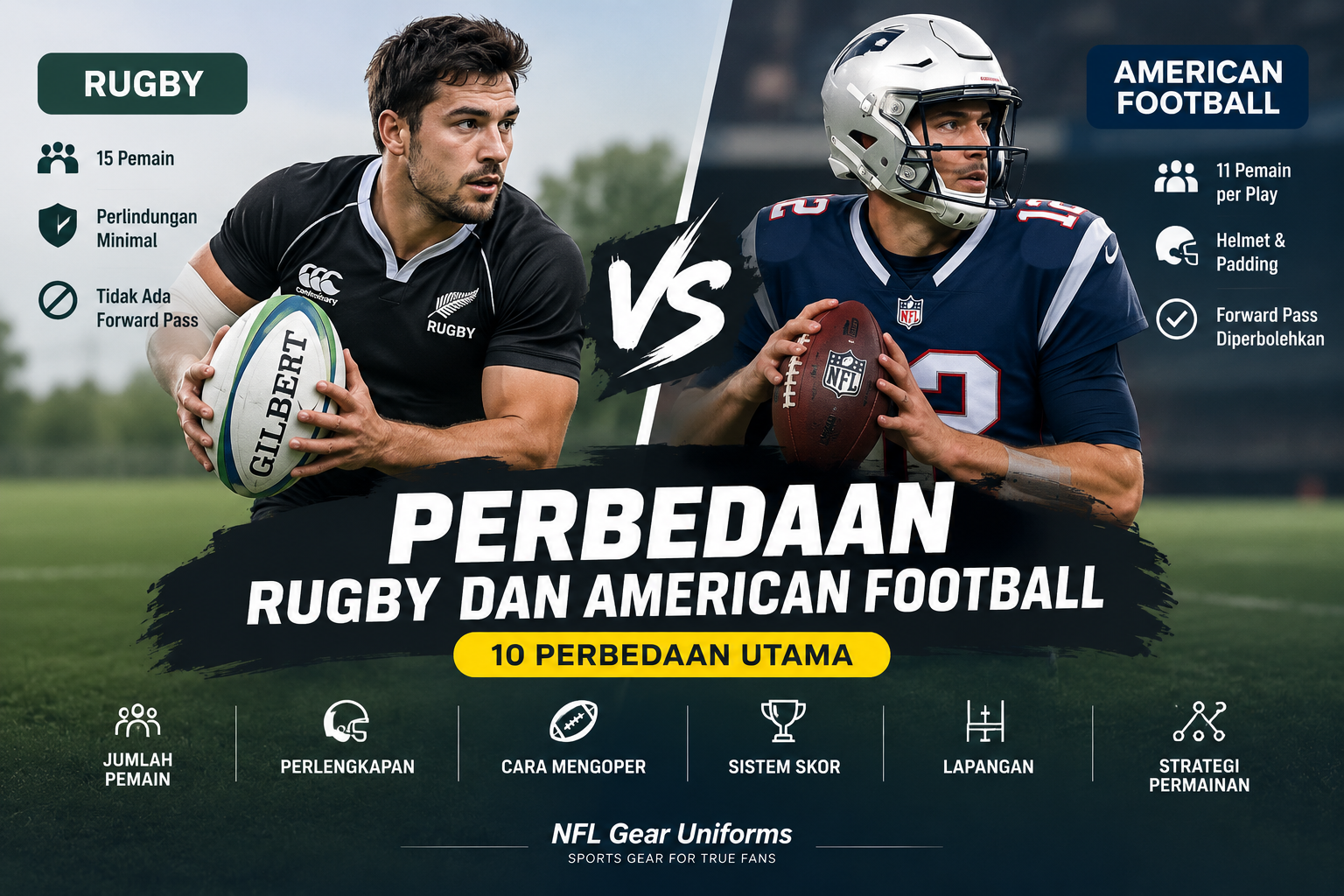 Perbedaan rugby dan American Football dari pemain, perlengkapan, passing, skor, lapangan, dan strategi permainan
